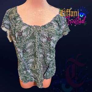 Free People Green Seagrass Combo Ruched Mesh Top Size L NWT